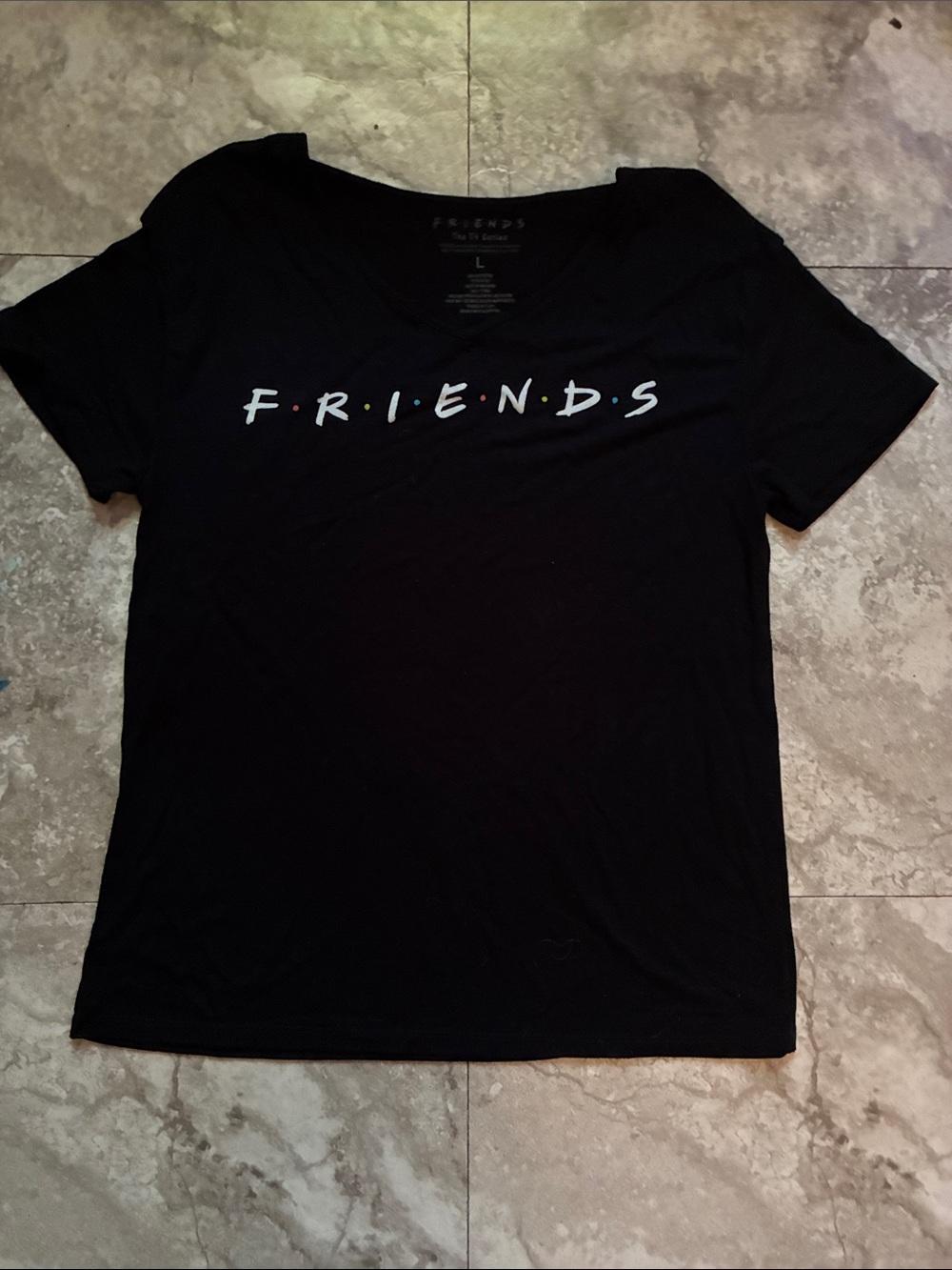 FRIENDS Black Short Sleeve Logo V Neck Tee with Colored Dots